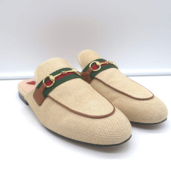 Gucci Charlotte Princetown Horsebit Web Mules Beige Canvas Size 38 - Picture 1 of 14